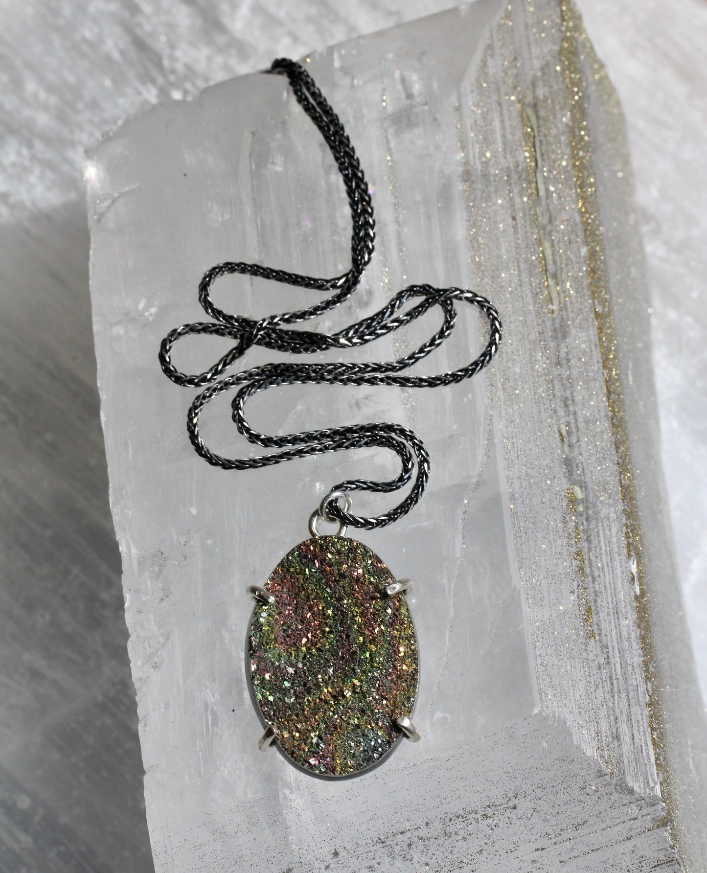 Rainbow Pyrite Oval Pendant Necklace