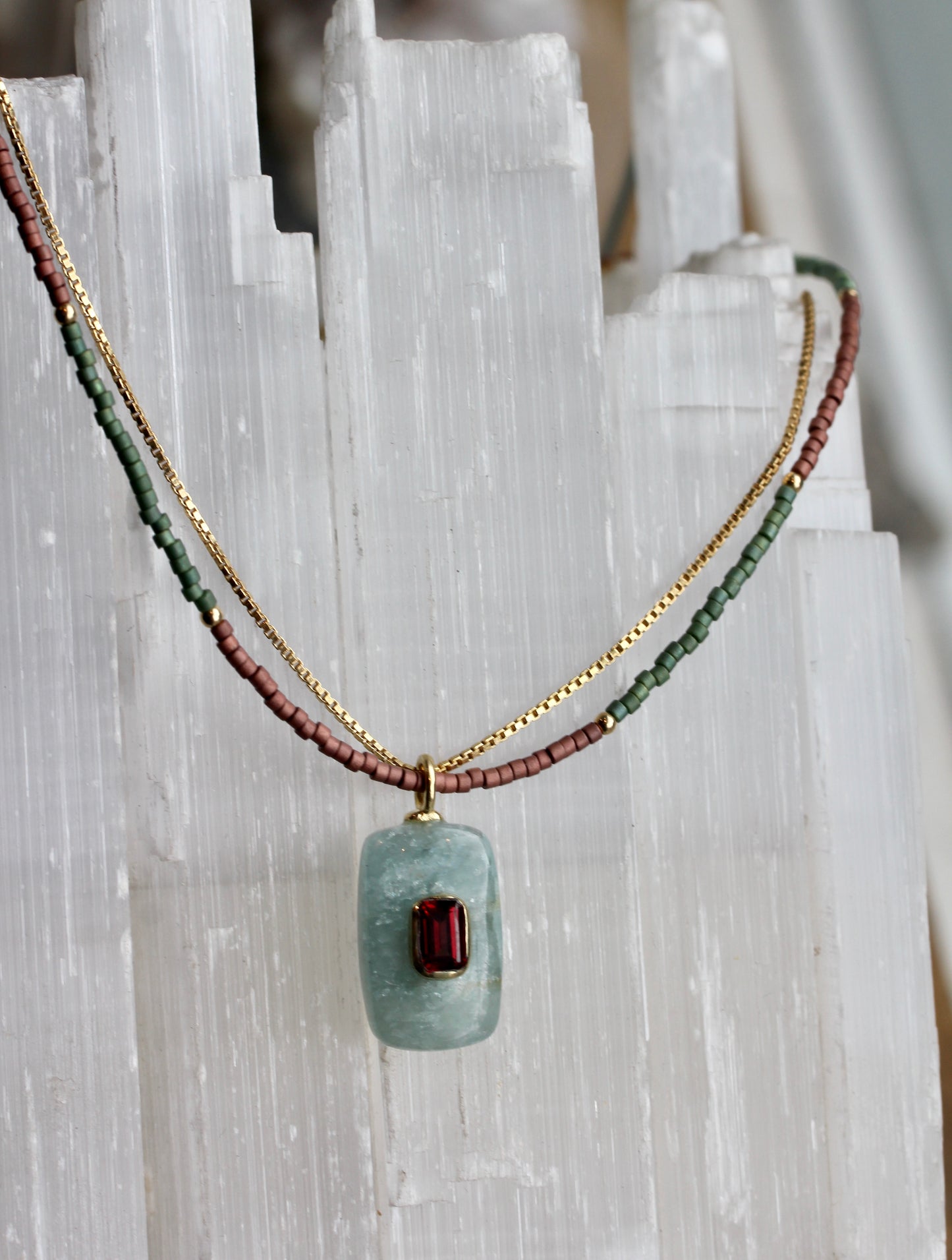 Aquamarine Garnet Beaded Gold Necklace