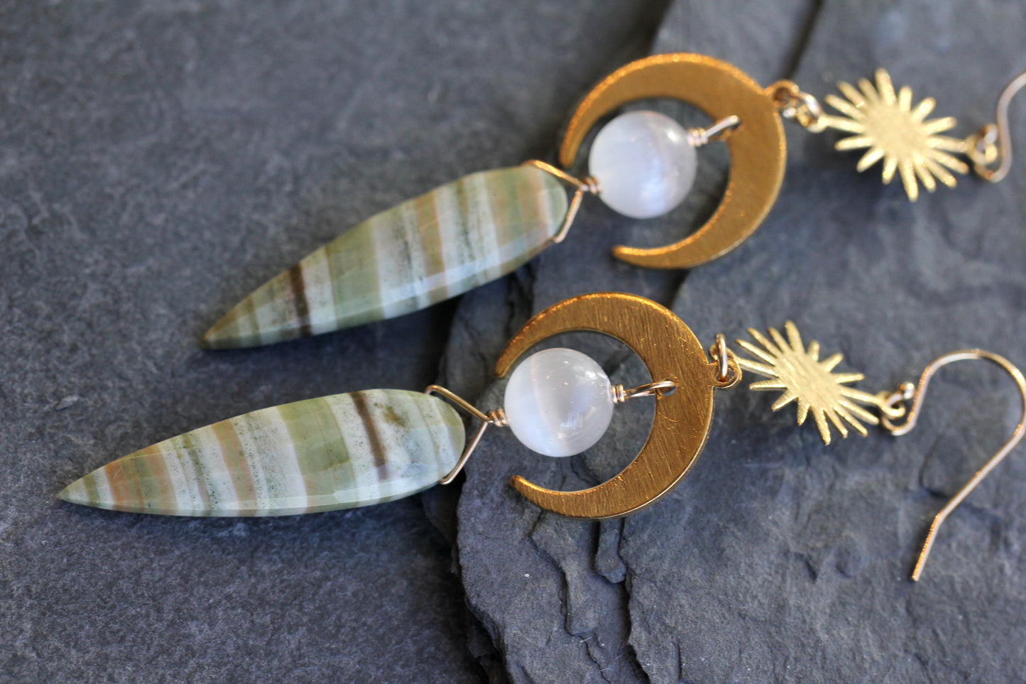 Green Opal Selenite Brass Moon and Star Earrings