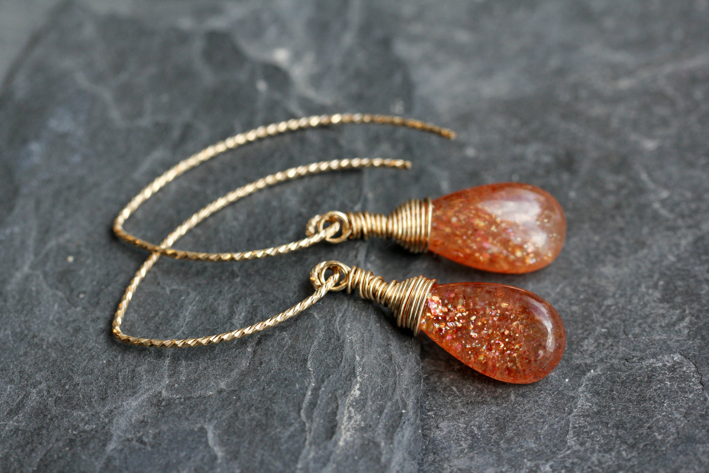 Sunstone Sparkle V Wire Gold Earrings