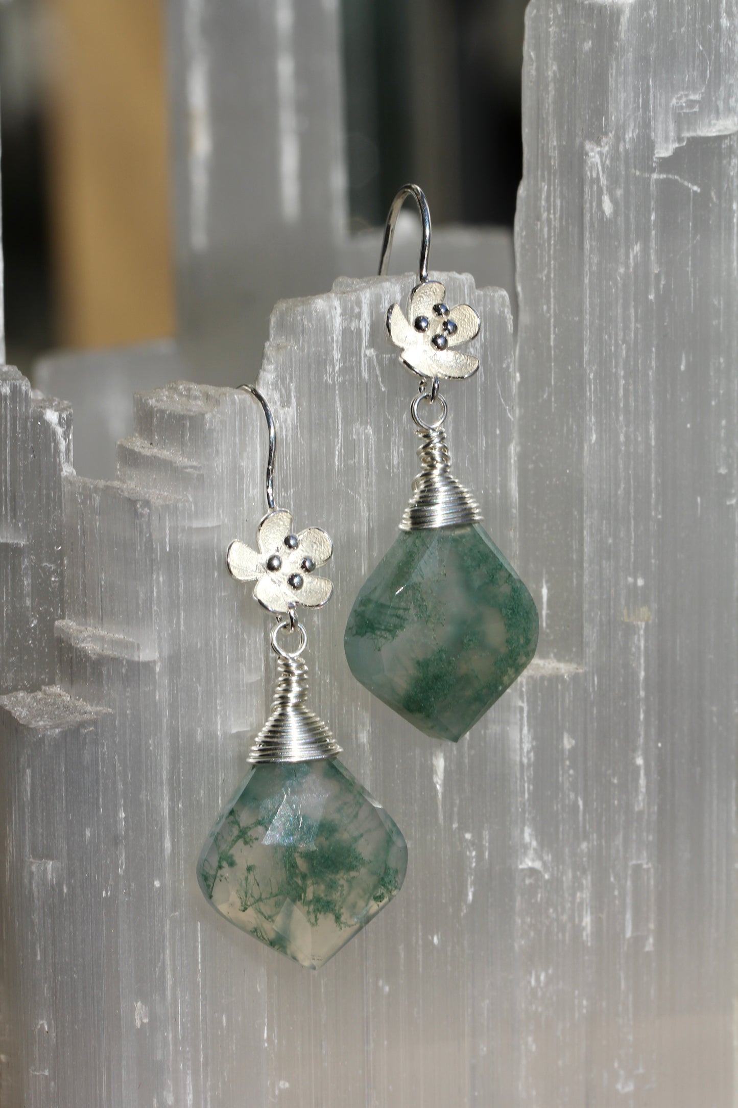 Moss Agate Flower Drop Earrings