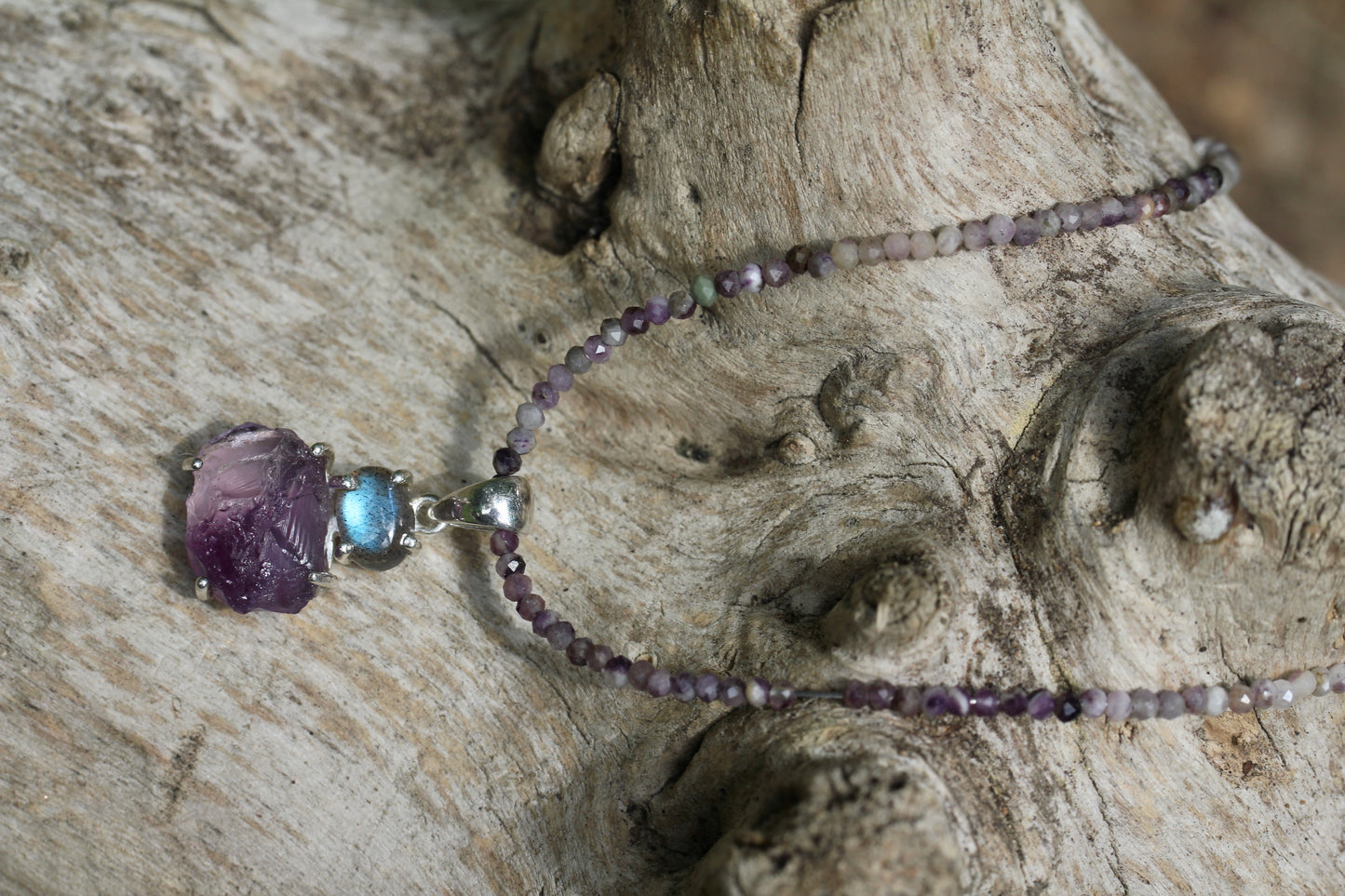 Rough Amethyst Labradorite Charoite Beaded Necklace