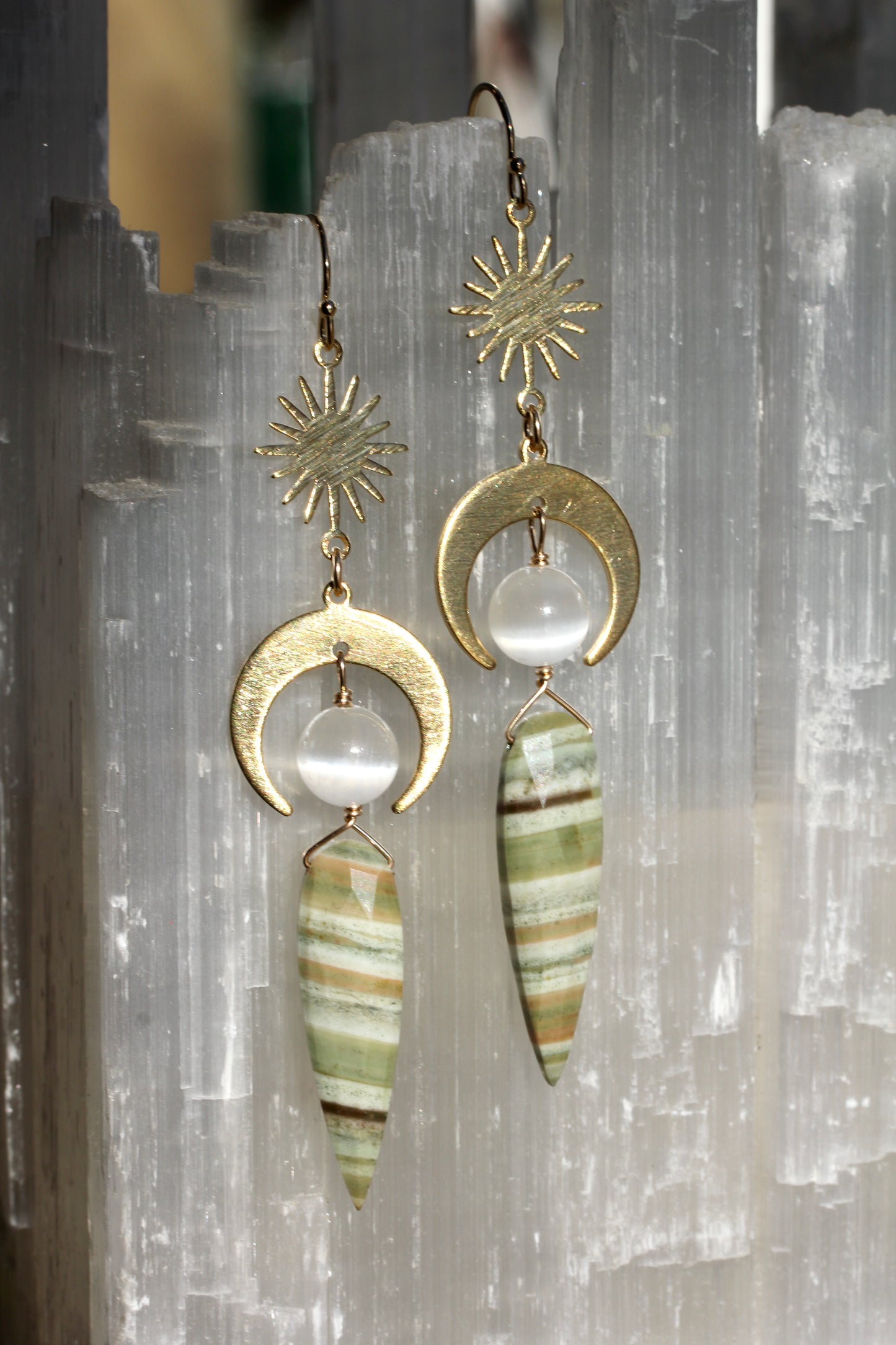 Green Opal Selenite Brass Moon and Star Earrings