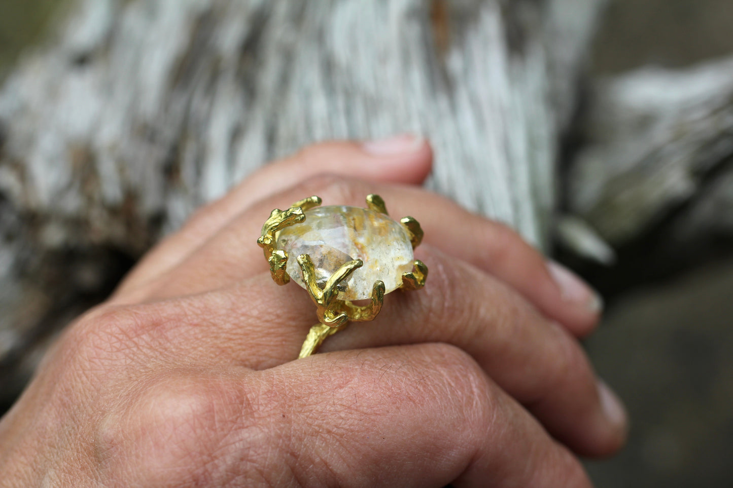 Lodolite Quartz Branch Ring