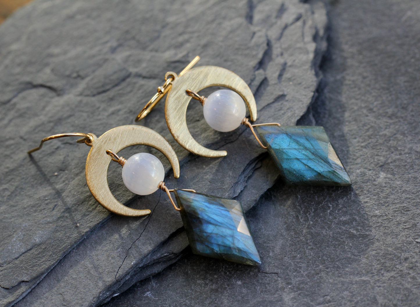 Labradorite Selenite Brass Moon Earrings