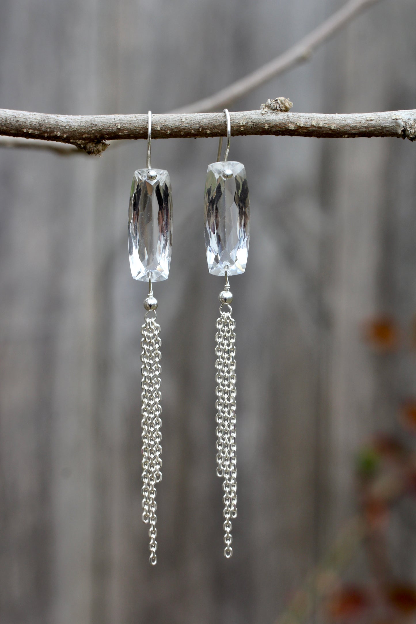 Quartz Baguette Silver Chain Fringe Earrings