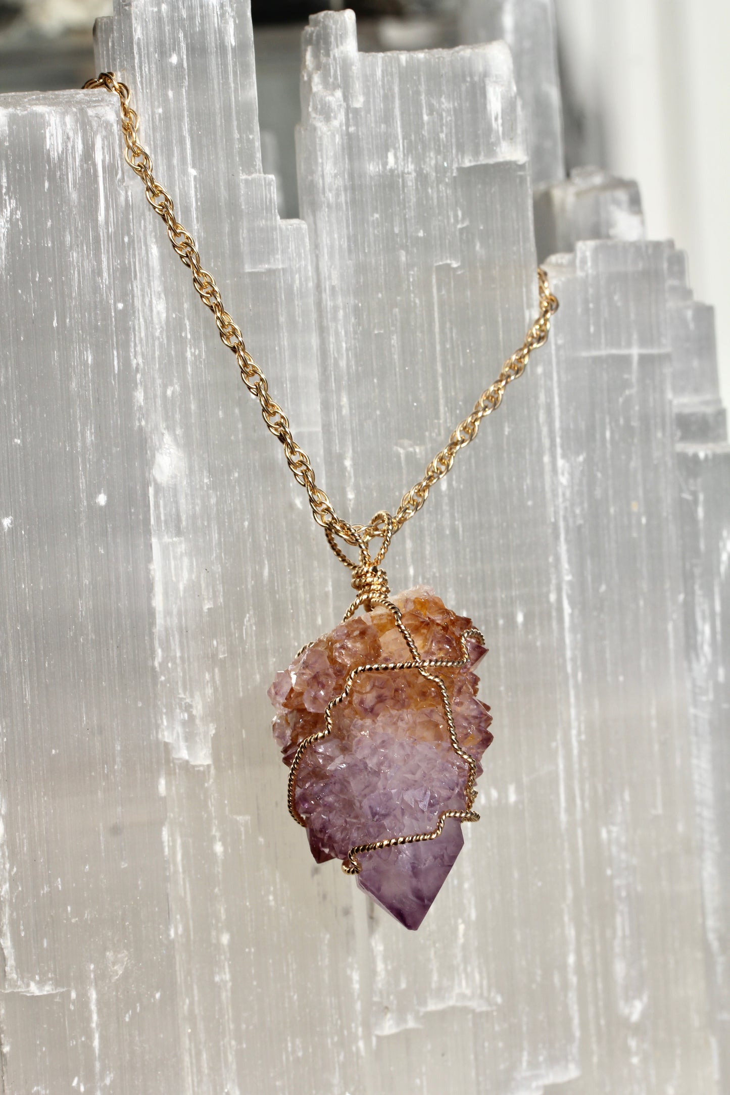 Cactus Amethyst Gold Crystal Necklace