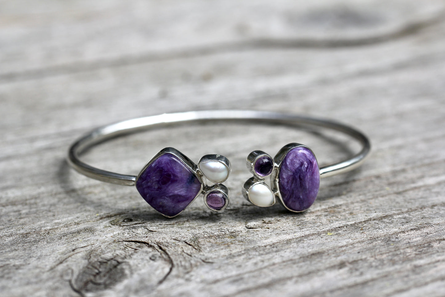 Charoite Pearl Amethyst Silver Flex Bracelet