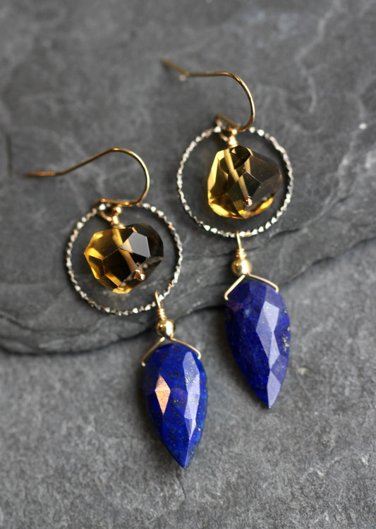 Lapis Beer Quartz Hoop Drop Earrings