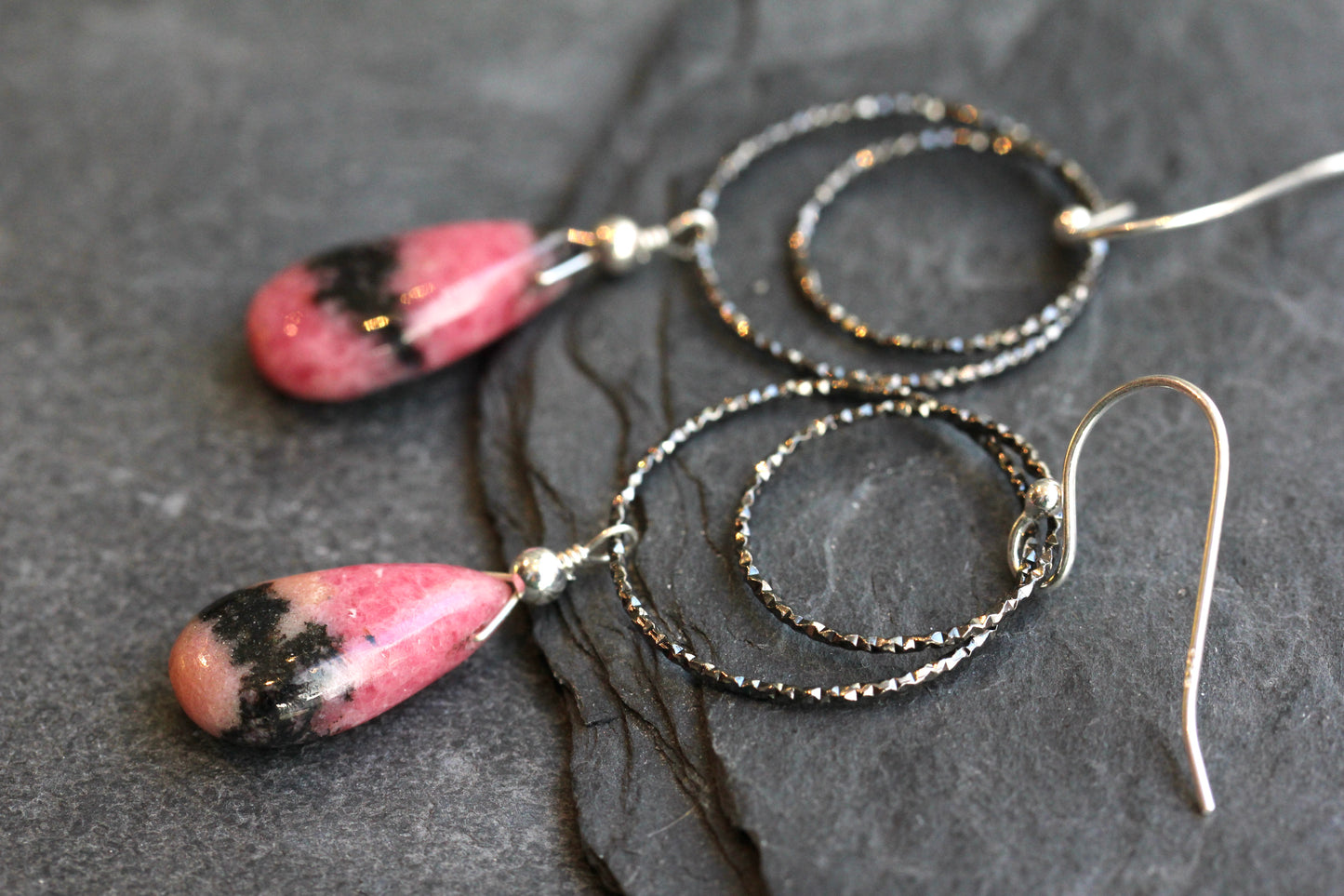 Rhodonite Diamond Cut Double Hoop Earrings
