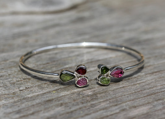 Pink and Green Tourmaline Cluster Silver Bracelet