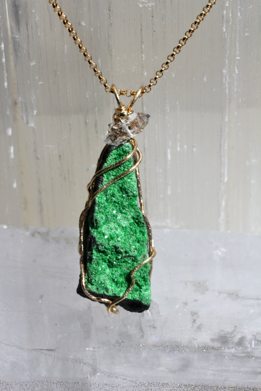 Uvarovite Druzy Pendant with Herkimer Diamond