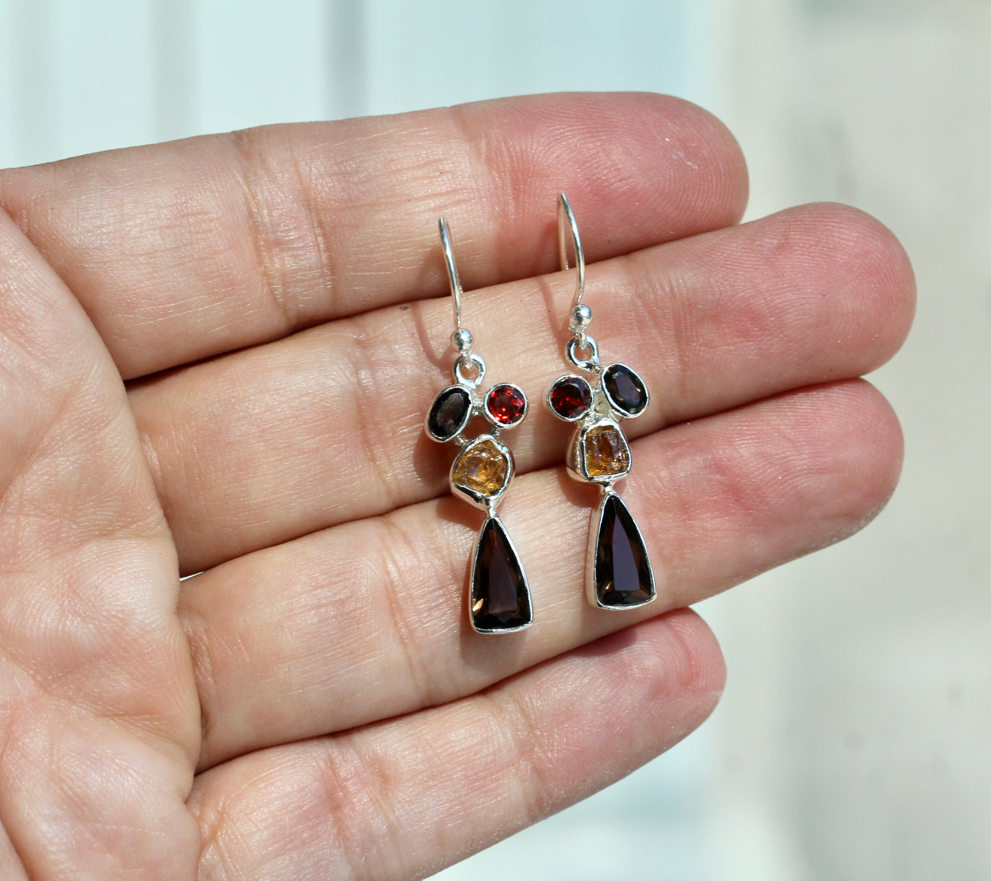 Smokey Quartz Garnet Citrine Earrings