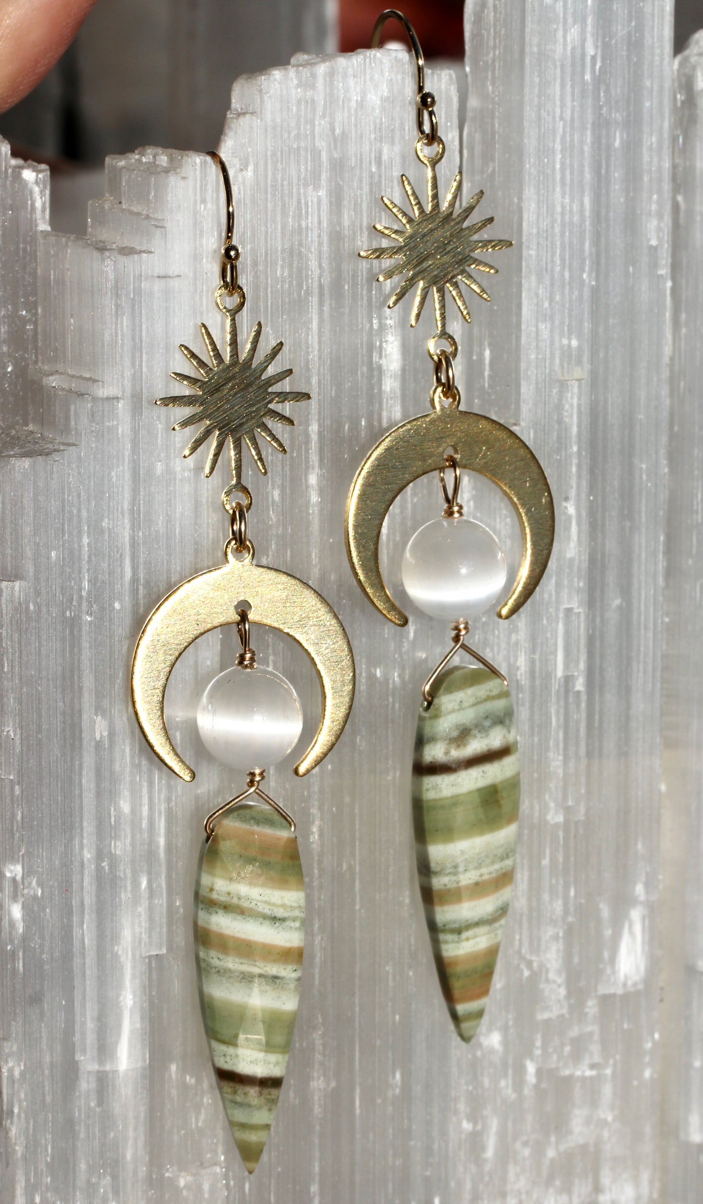 Green Opal Selenite Brass Moon and Star Earrings