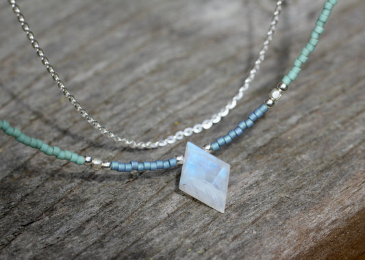 Rainbow Moonstone Silver Layered Necklace