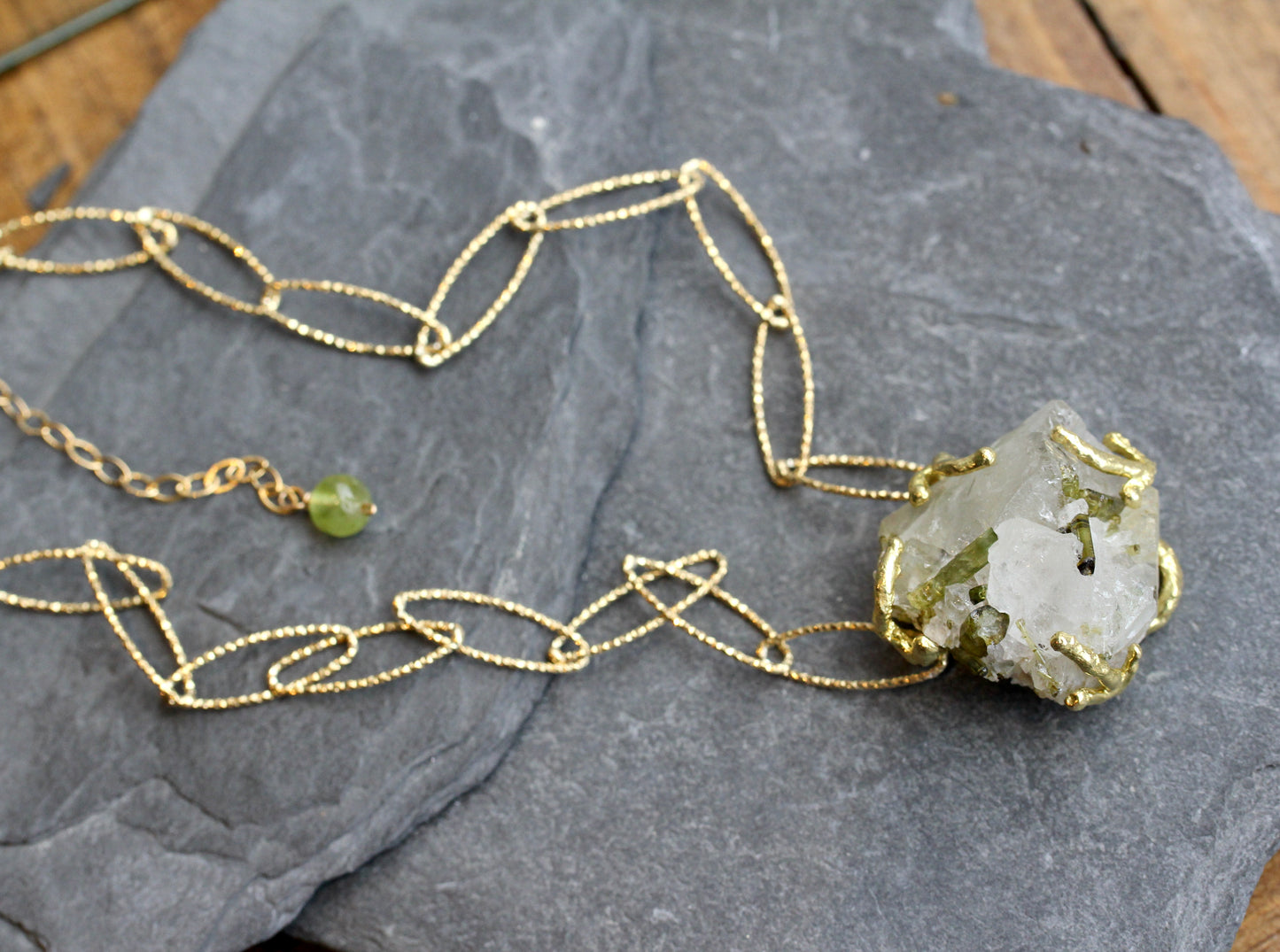 Tourmalinated Quartz Chunky Crystal Gold Necklace
