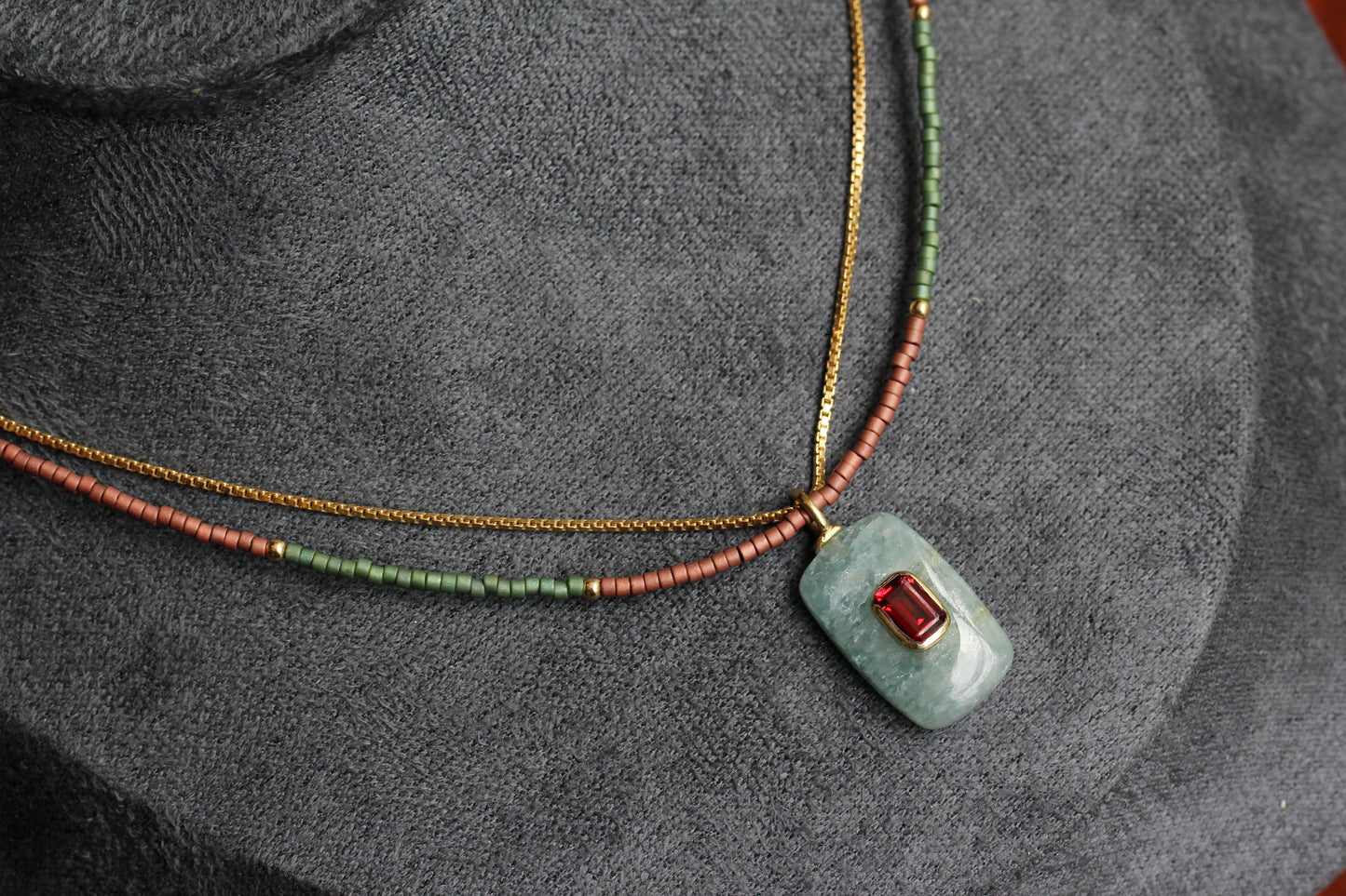 Aquamarine Garnet Beaded Gold Necklace