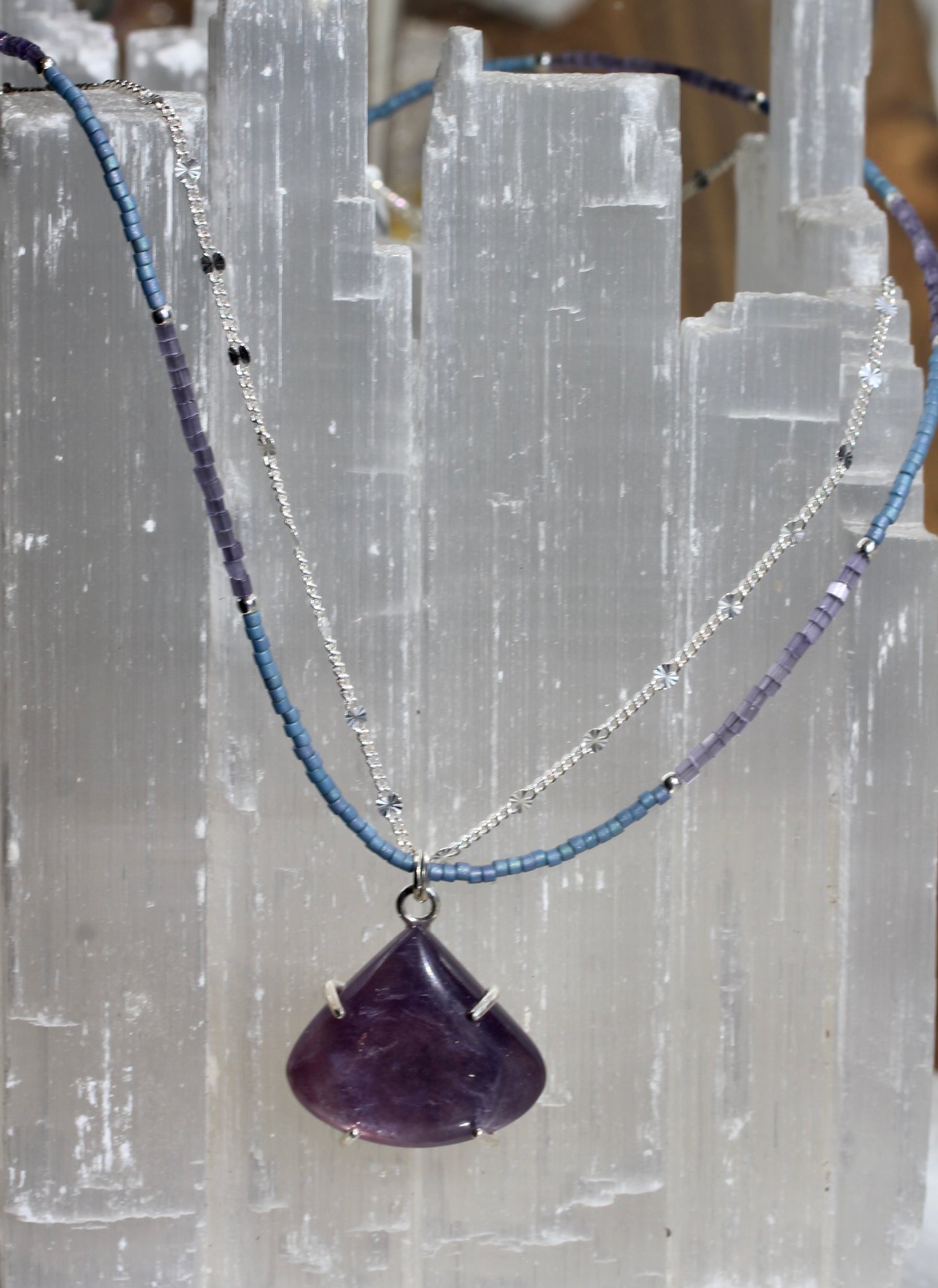 Lepidolite Beaded Silver Chain Necklace