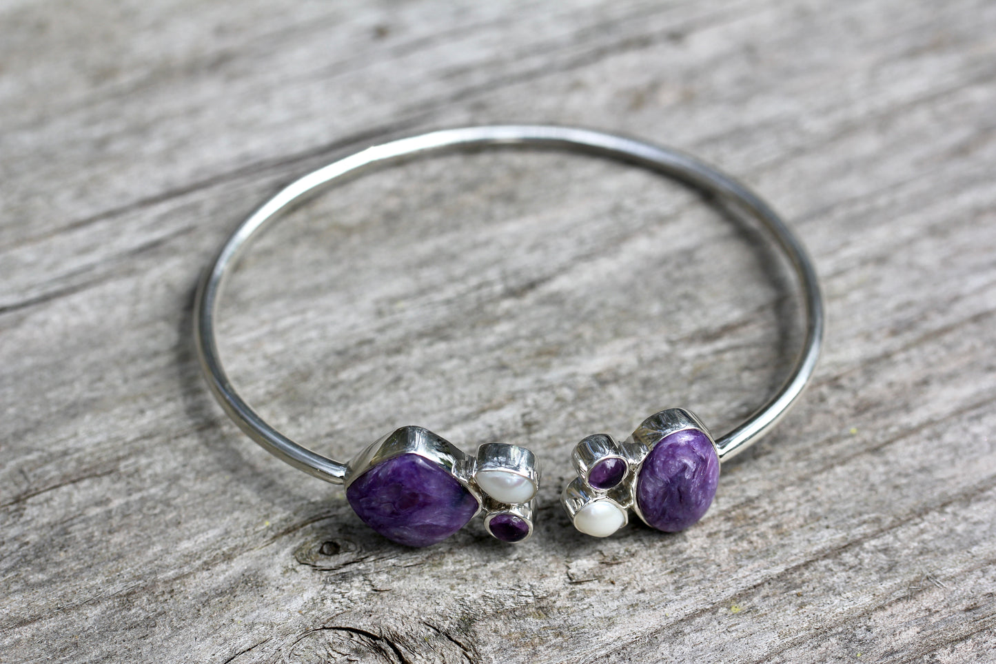 Charoite Pearl Amethyst Silver Flex Bracelet