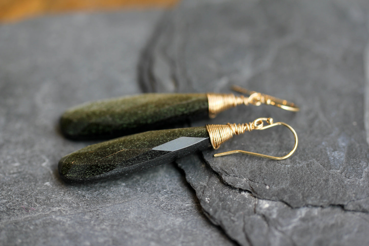 Gold Sheen Obsidian Long Teardrop Earrings