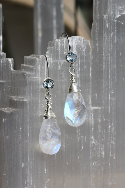Rainbow Moonstone Blue Topaz Teardrop Earrings