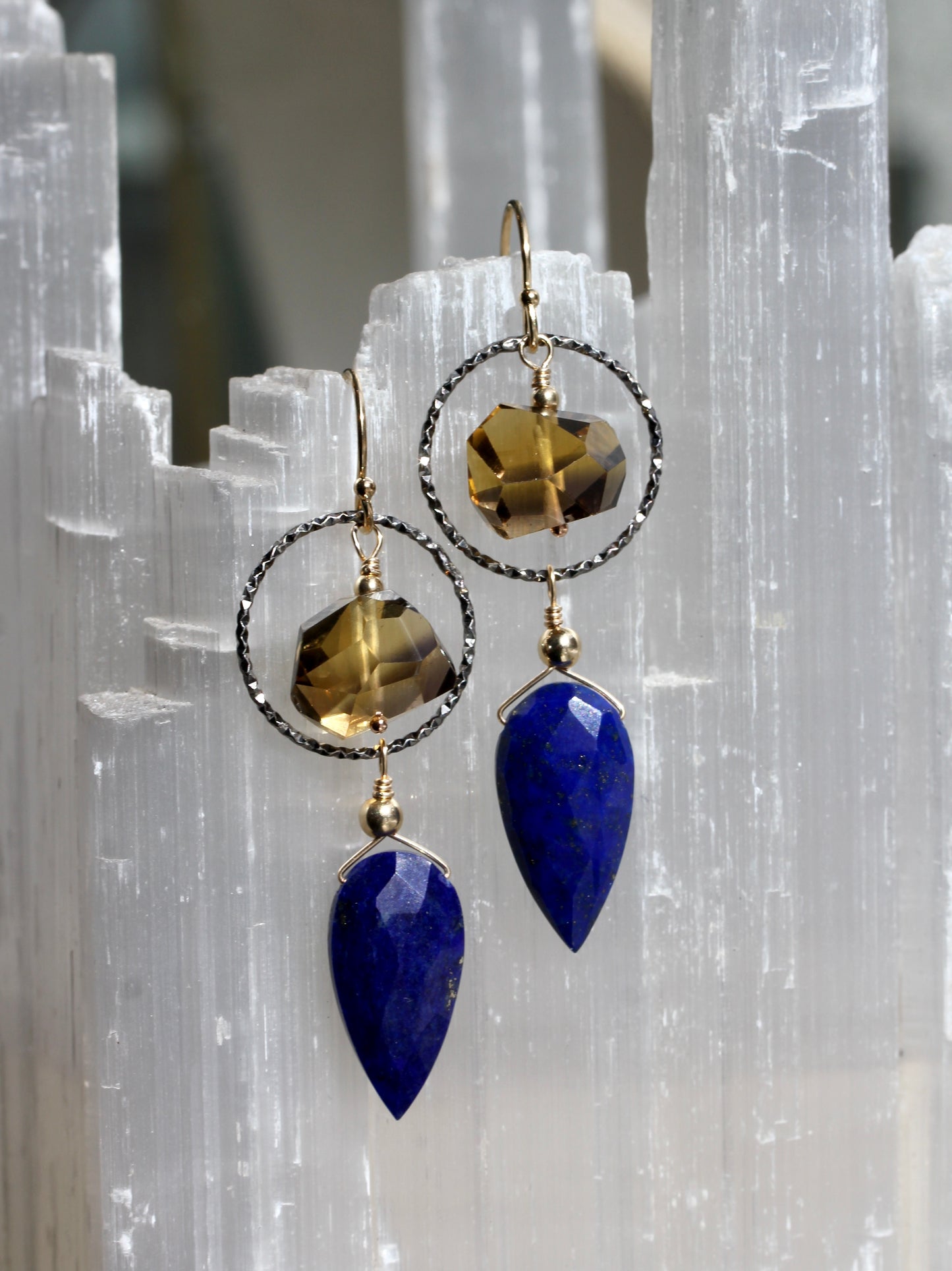 Lapis Beer Quartz Hoop Drop Earrings