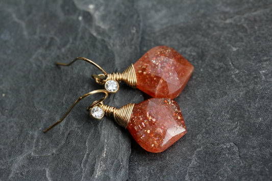 Sunstone CZ Leaf Briolette Drop Earrings