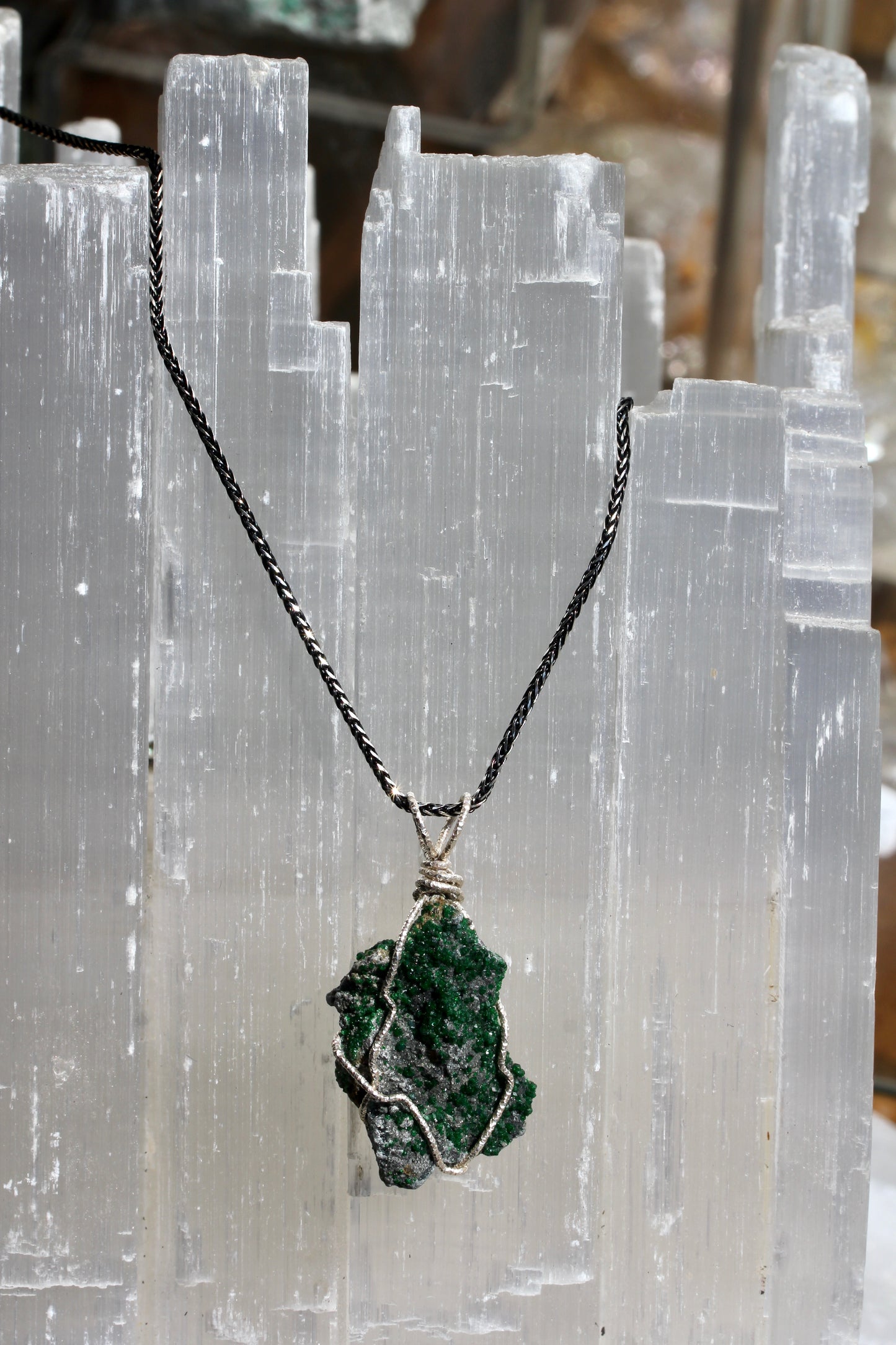 Uvarovite Silver Wrap Druzy Pendant