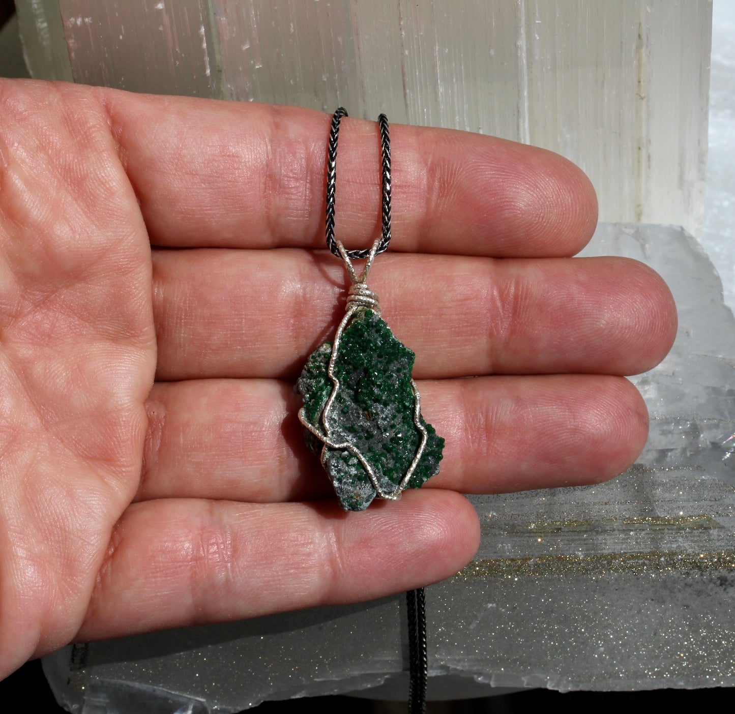 Uvarovite Silver Wrap Druzy Pendant