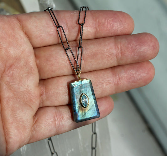Labradorite Blue Topaz Encrusted Paperclip Chain Necklace