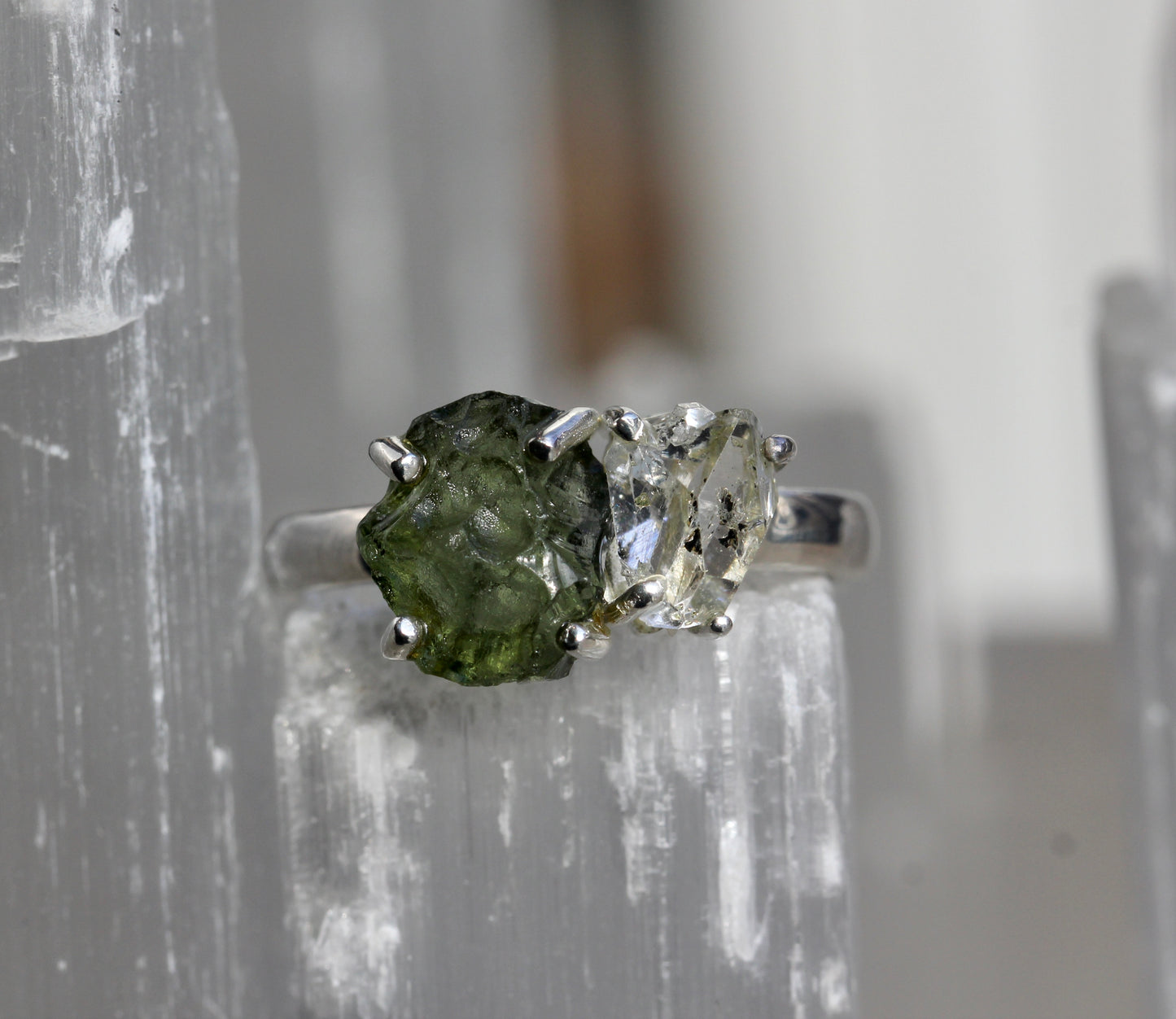 Moldavite Pakimer Diamond Ring