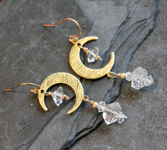Brass Moon Quartz Crystal Moon Earrings