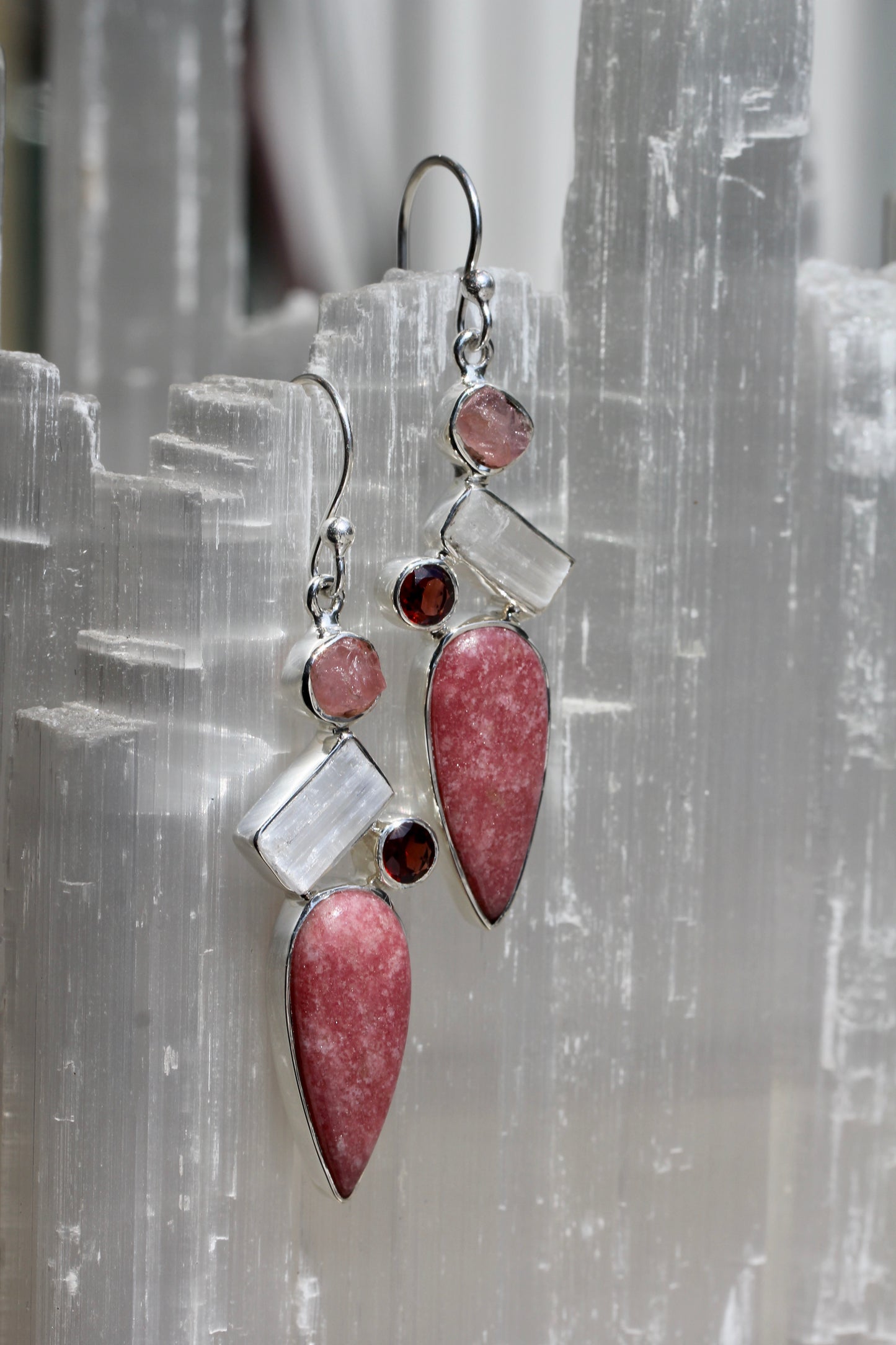 Thulite Selenite Garnet Rose Quartz Earrings