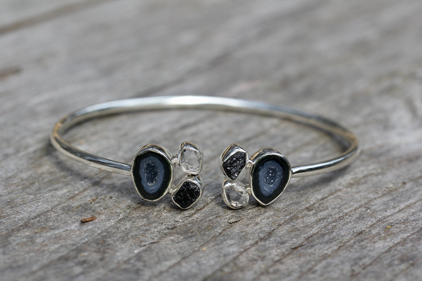 Geode Herkimer Diamond Silver Cuff Bracelet