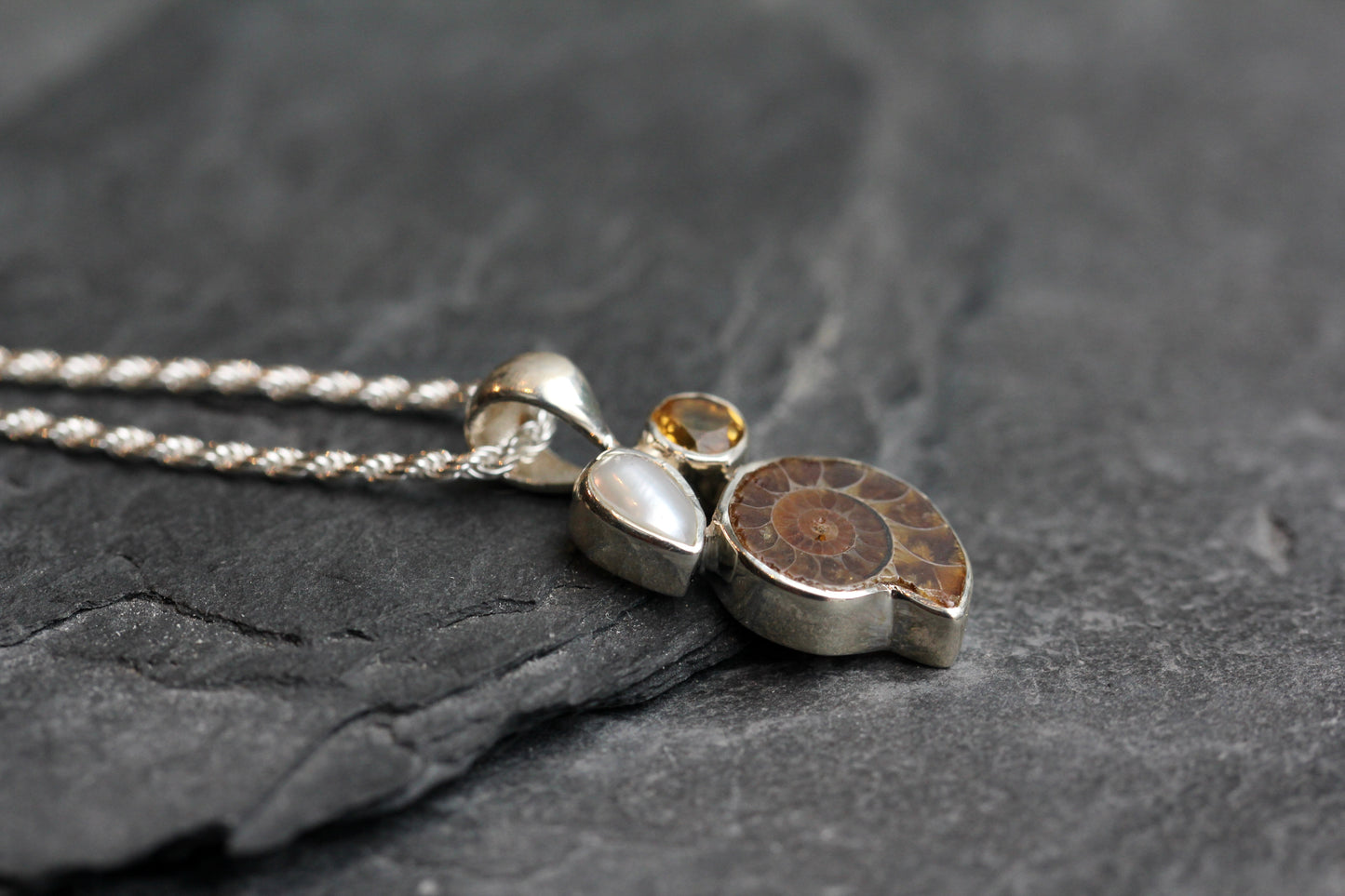 Ammonite Fossil Citrine Pearl Necklace