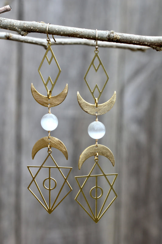Geometric Selenite Moon Goddess Earrings