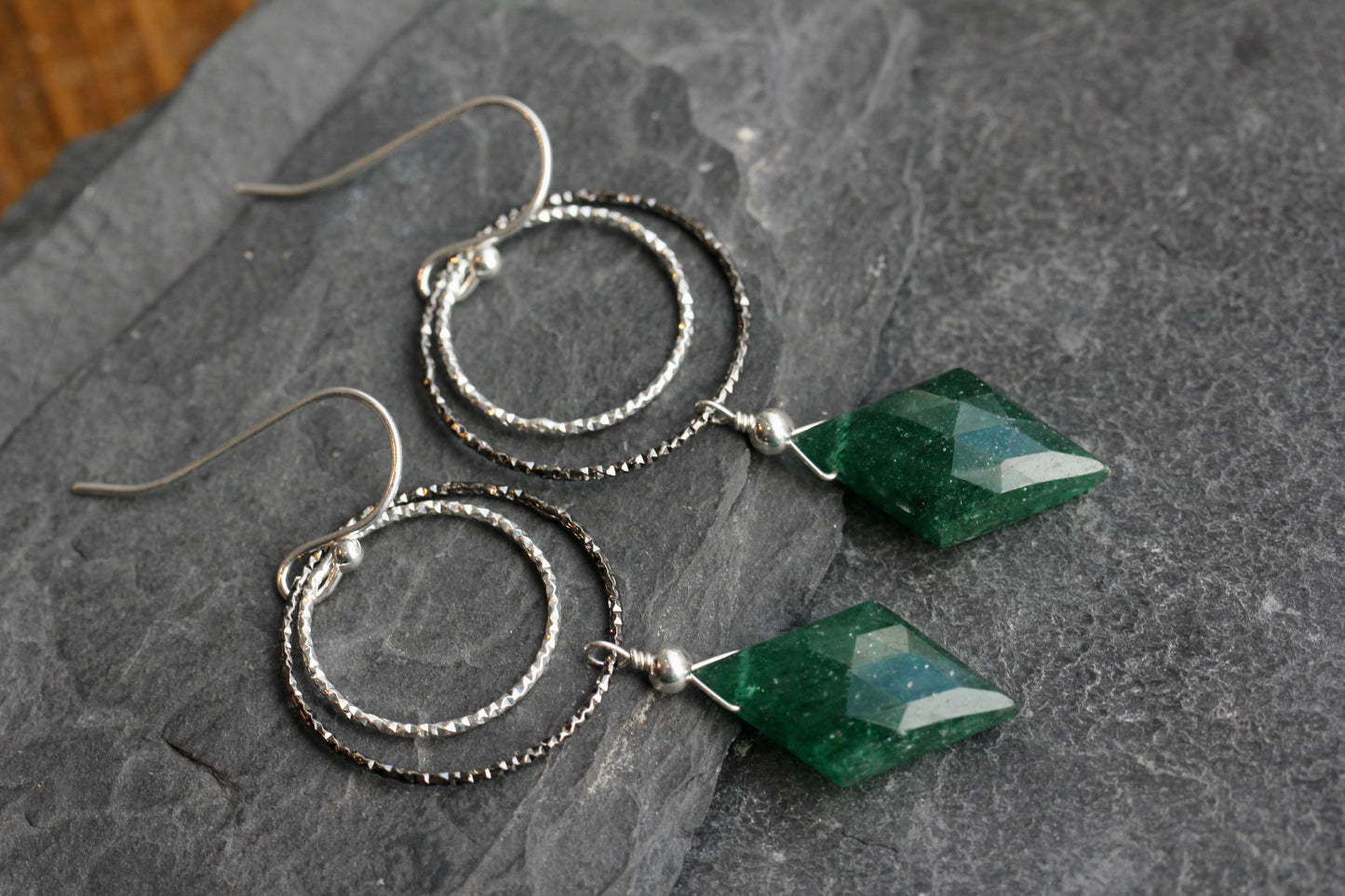 Green Aventurine Diamond Cut Double Ring Drop Earrings