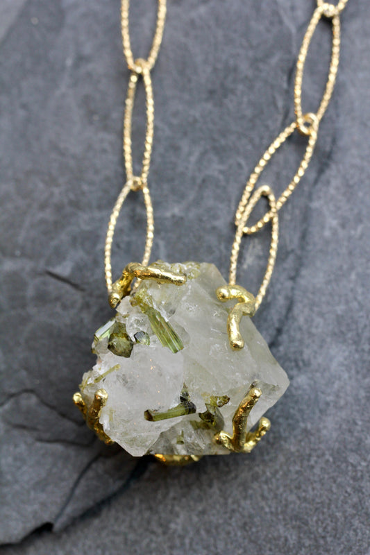 Tourmalinated Quartz Chunky Crystal Gold Necklace