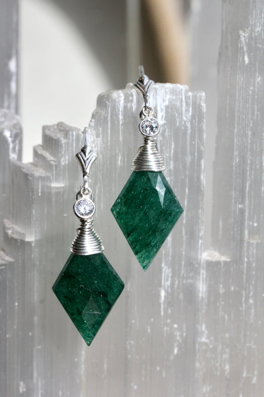 Green Aventurine CZ Diamond Drop Earrings