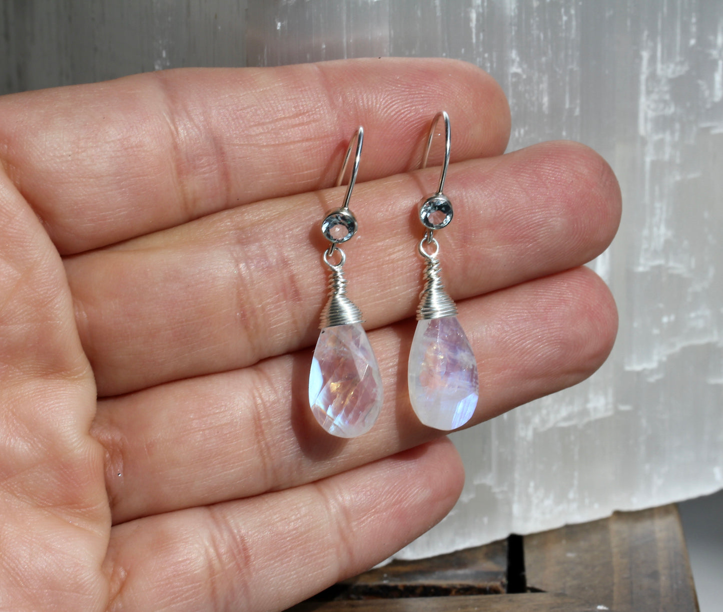 Rainbow Moonstone Blue Topaz Teardrop Earrings