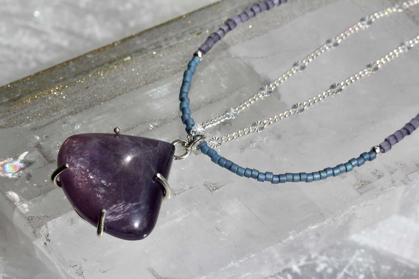 Lepidolite Beaded Silver Chain Necklace
