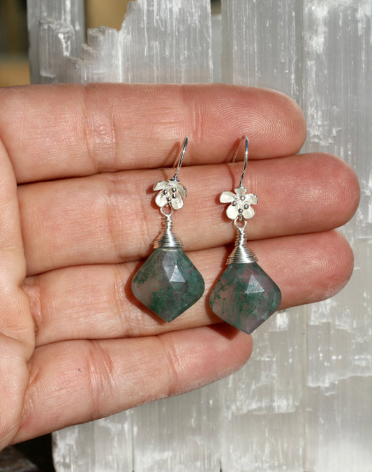 Moss Agate Flower Drop Earrings