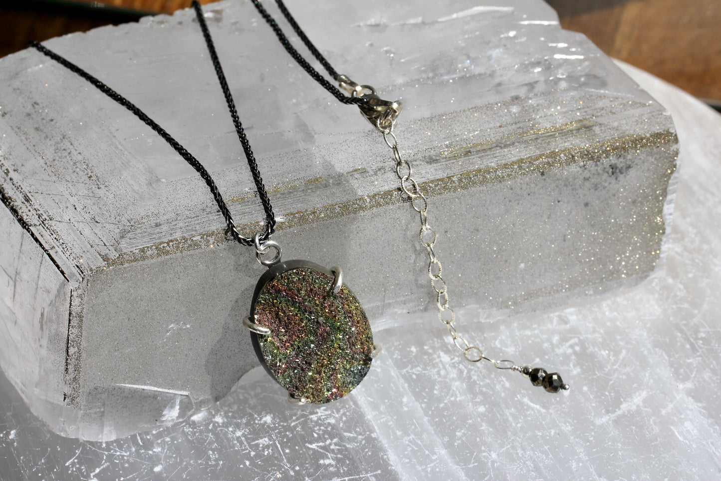 Rainbow Pyrite Oval Pendant Necklace