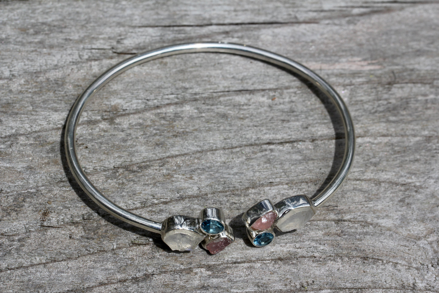 Rainbow Moonstone Blue Topaz Rose Quartz Silver Flex Bracelet
