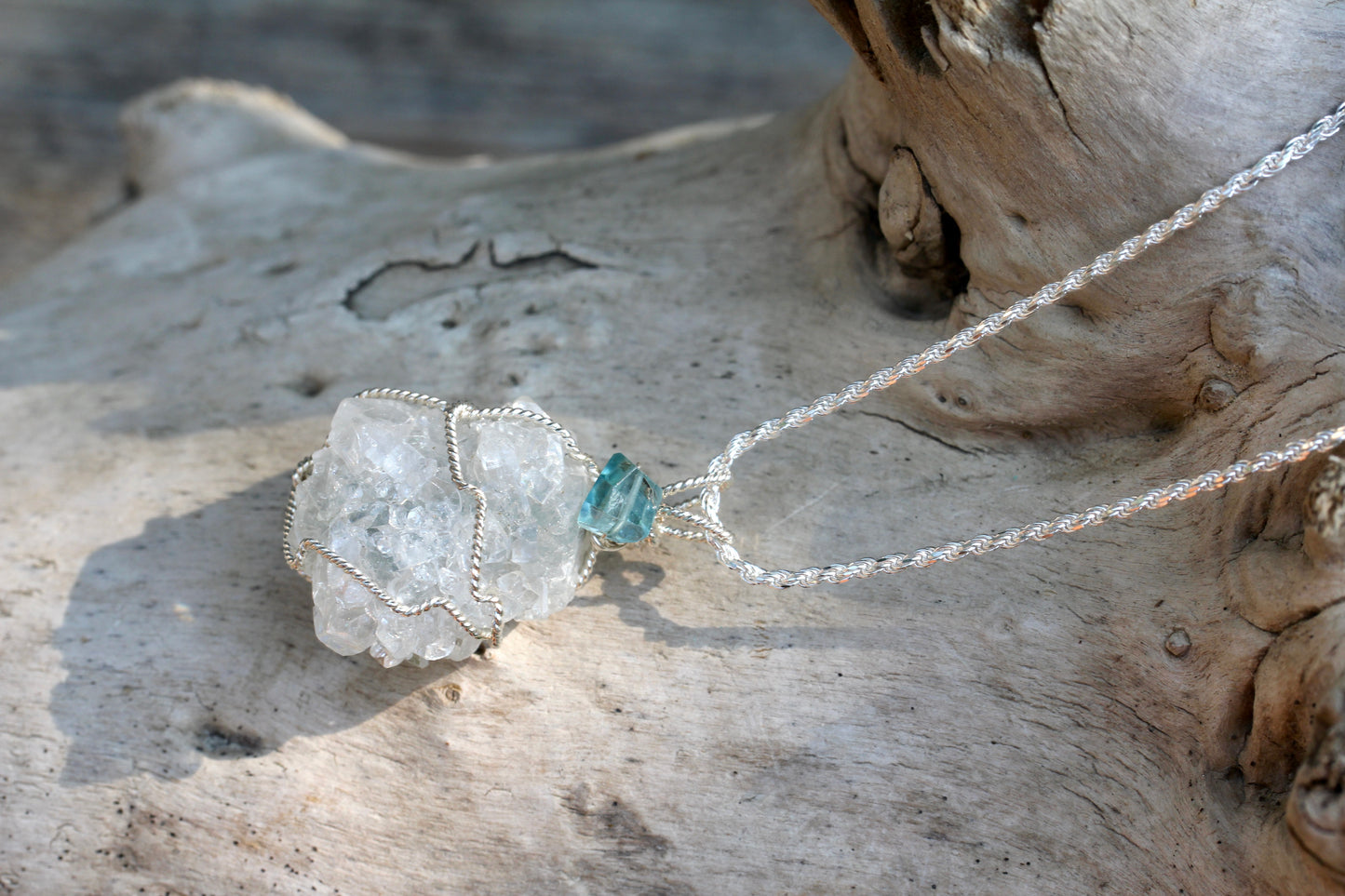 Apophyllite Crystal Cluster Blue Zircon Necklace