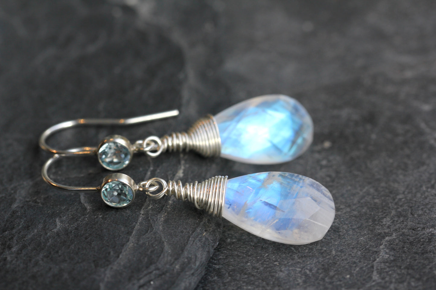 Rainbow Moonstone Blue Topaz Teardrop Earrings