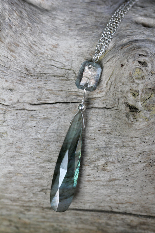 Labradorite Aquamarine Long Drop Necklace