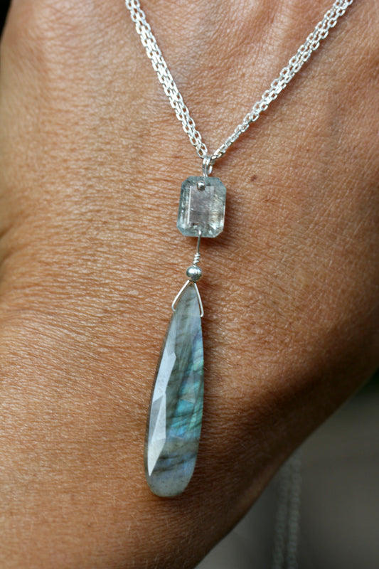Labradorite Aquamarine Long Drop Necklace