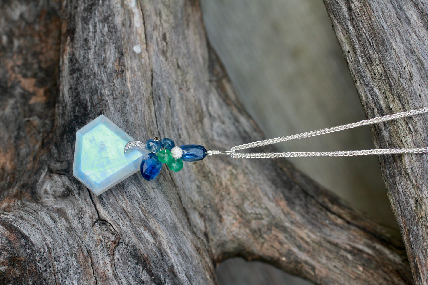 Rainbow Moonstone Moon Gem Necklace with Kyanite and Emerald