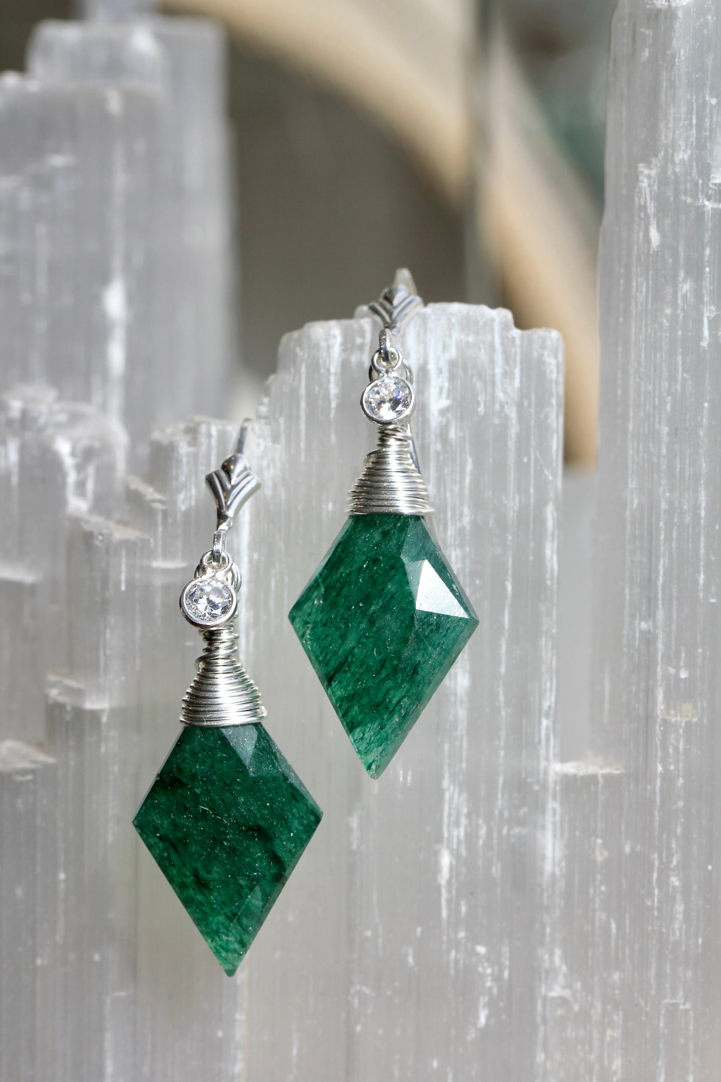 Green Aventurine CZ Diamond Drop Earrings